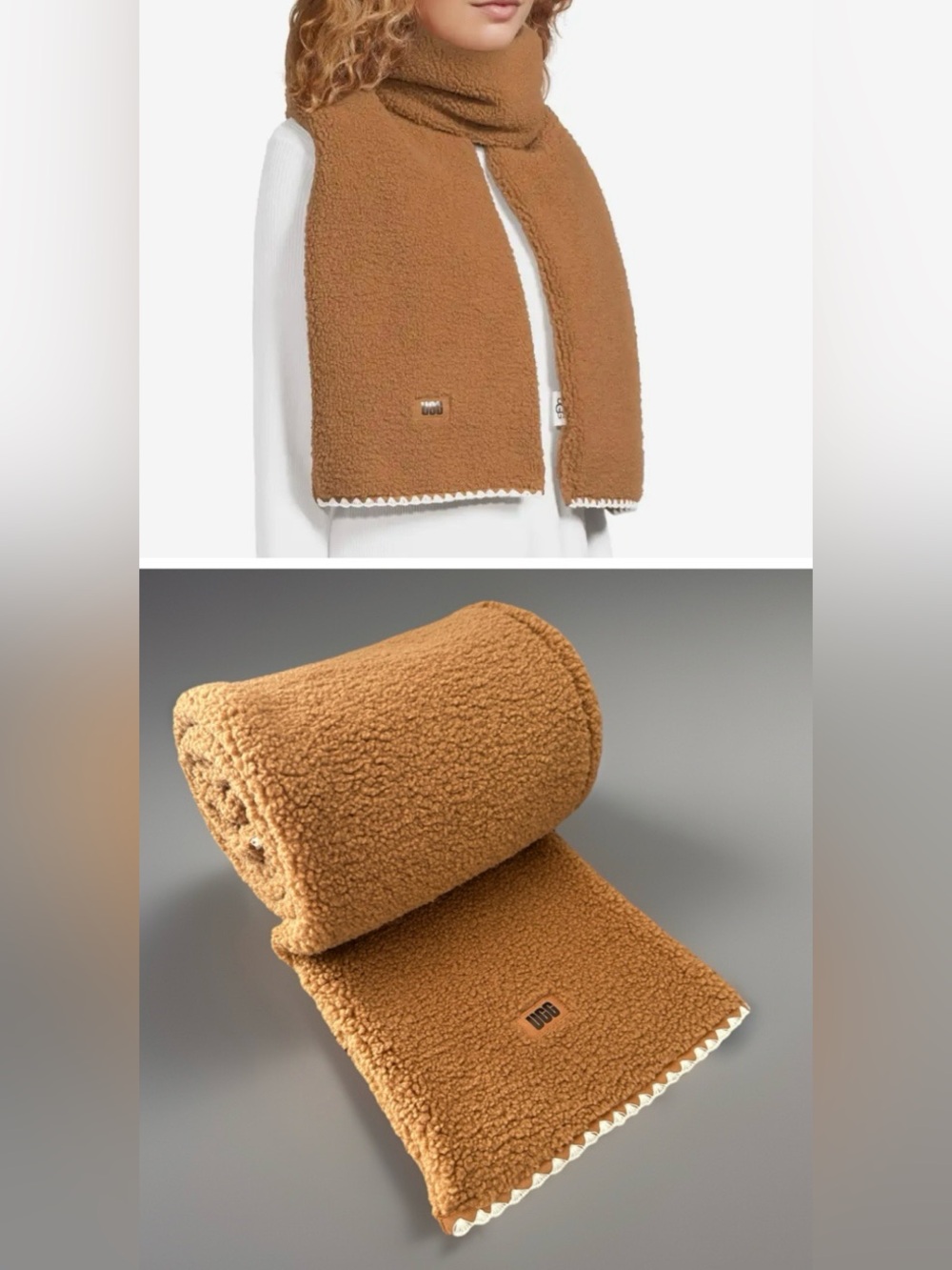 UGG Uggfluff Scalloped Scarf Wrap Cozy Plush Fleece and Leather Logo Chestnut